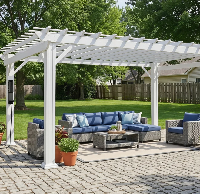A backyard pergola on a stone patio covering outdoor furniture, with a large, lush green lawn behind it.