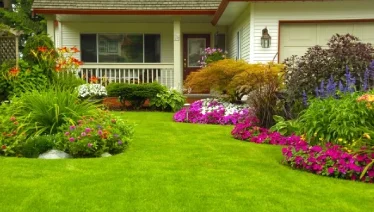 Front yard with colorful flowers and plants, maintained by The Grounds Guys