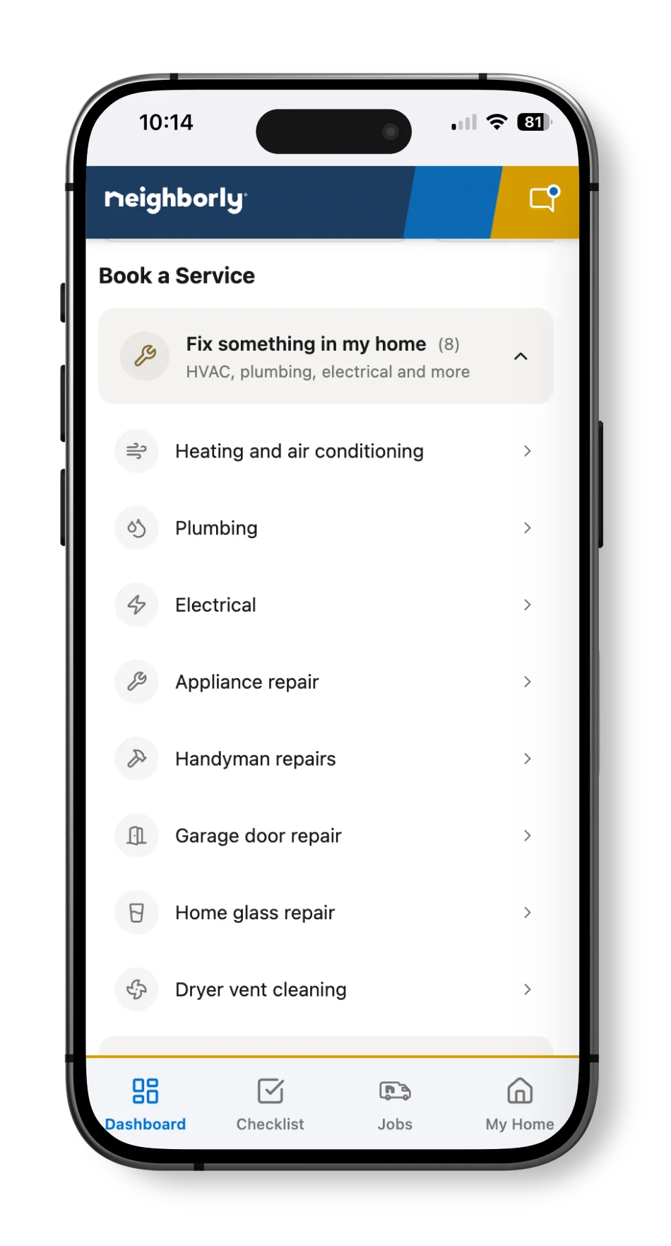 A smartphone displaying a booking page, with varying service options available, in the Neighborly app for home services.