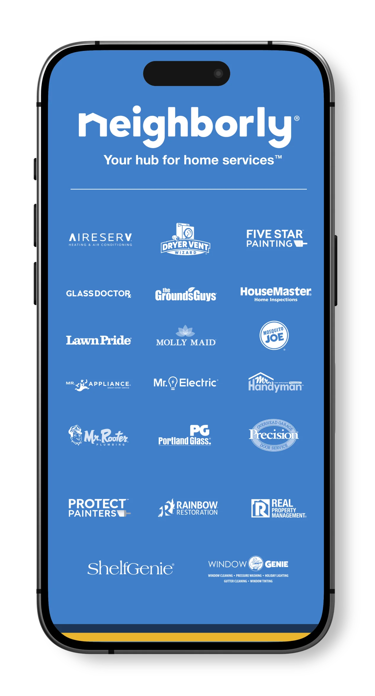 Neighborly brand logos displayed in the Neighborly app on a smartphone screen.